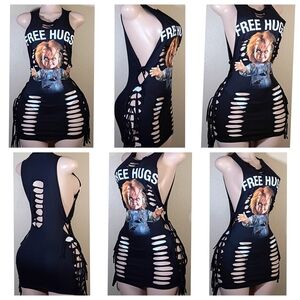 FREE HUGS Chucky Custom Distressed Black Graphic Fringe Tank Top